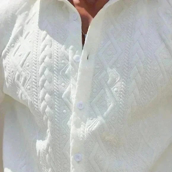 White Casual Men's Summer Solid Textured Shirt And Shorts Set
